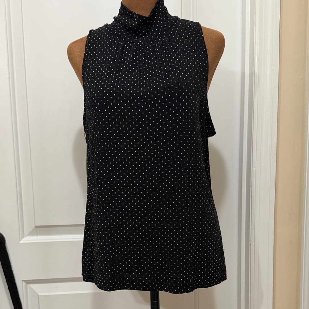 Vintage Stephen and Casey Black Sleeveless Blouse with White Dots and Mock Neck